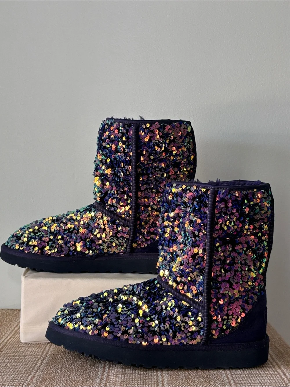 UGG Classic Short Stellar Jewel Violet Sequined Shearling Lined Booties. Size-9